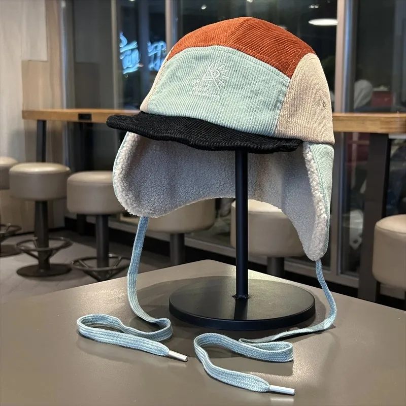 

Korean Retro Contrast Lace-up Pilot Caps for Women Autumn and Winter Outdoor Skiing Warm Versatile Leisure Bomber Hats Men