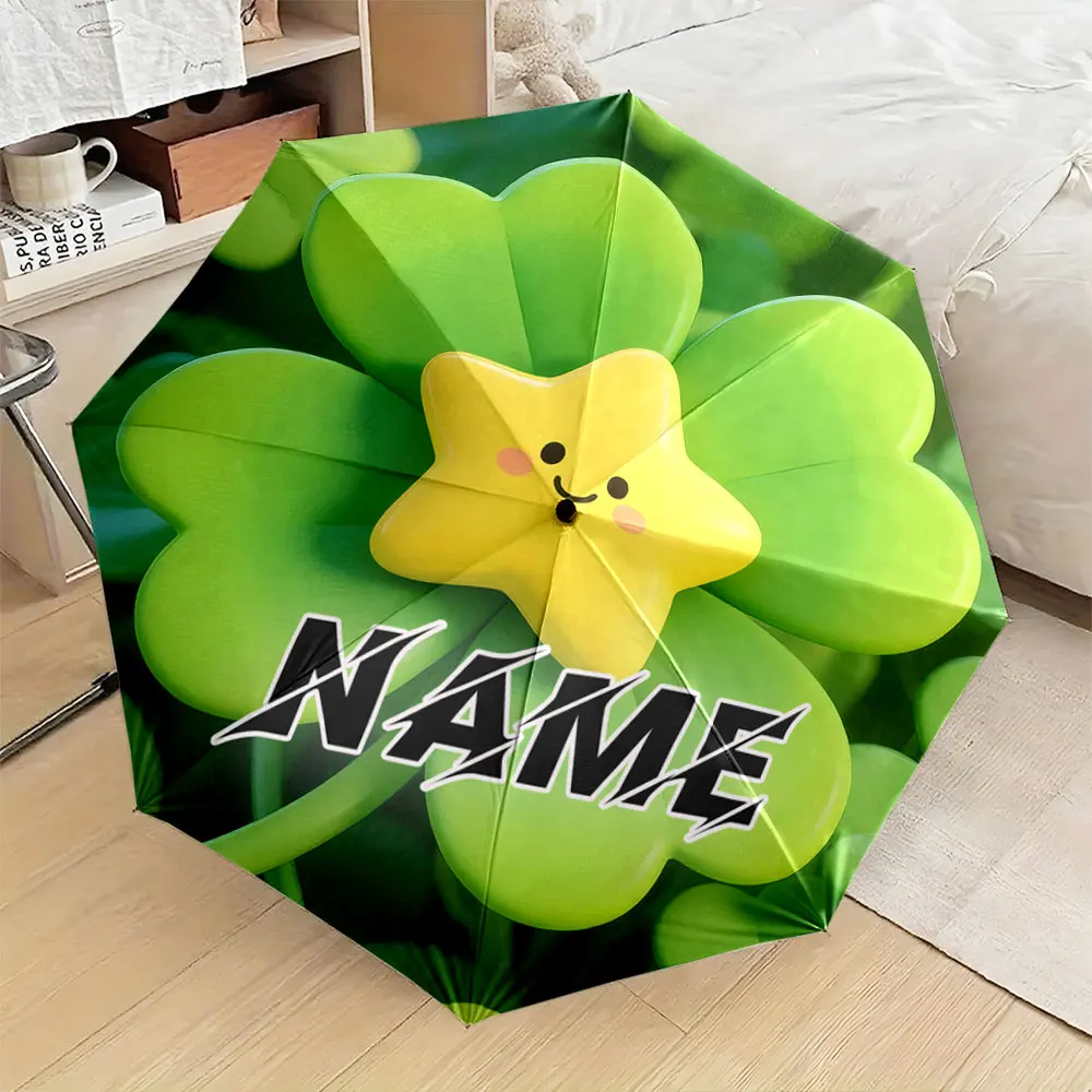 Custom Name Umbrella,Smiling Yellow Star on Green Clover Background Umbrella Design