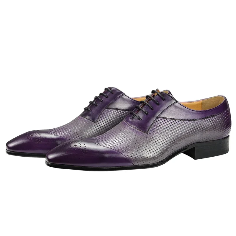 Puur Lederen Herenschoenen Paars Geweven Patroon Print Oxford Brogues Jurk Schoenen Office Bruiloft Adult Zapato Formele Para Hombres