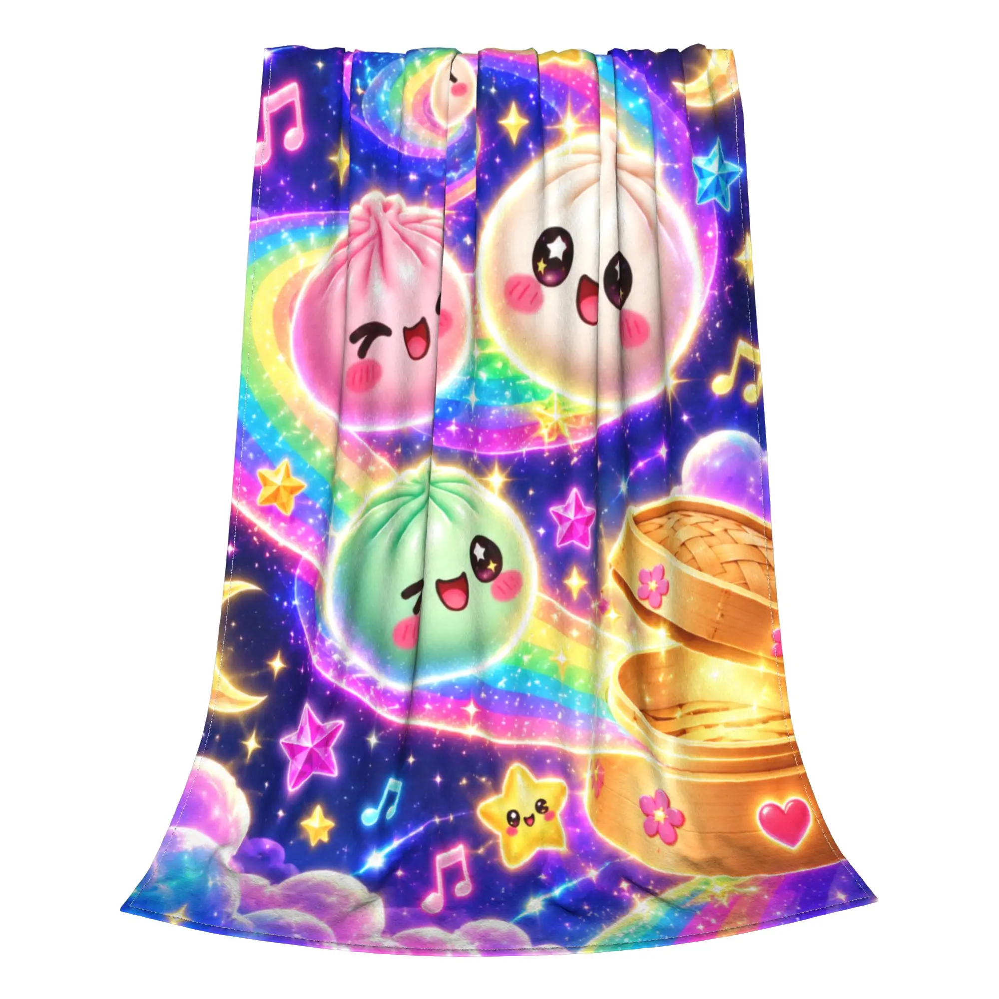 1PC Dumplings Floating Skyward Rainbow Disco Ball Cartoon Print Cozy Fleece Blanket Throw Super Cosy Plush Living Room Sofa