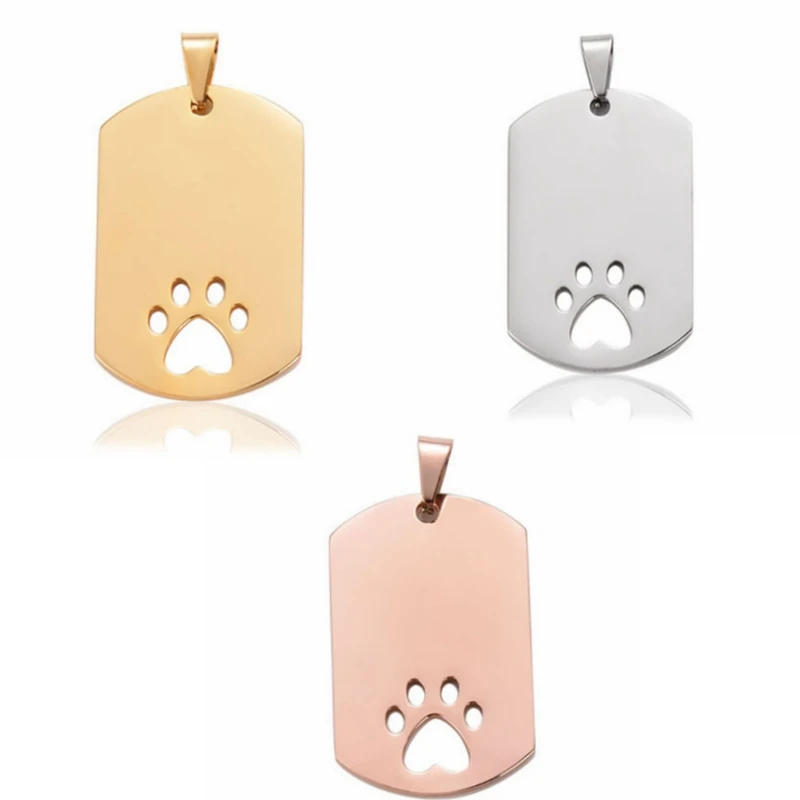 5Pcs Mirror Polish High Quality Rectangle Hollow Paw Print Tags Pendant Dog ID Stainless Steel Blank Dog Tags 3 colors Both side