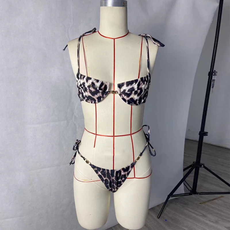 BEACHCICI-Mulheres Sexy Leopardo Impresso Bikini, Maiô de Praia, Cintura Alta, Lace Up, Suspender, Fino, Sem Costas, Férias, 2 Peças