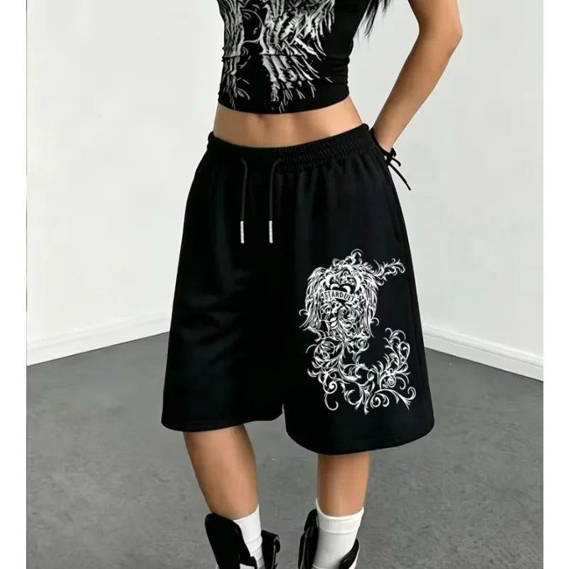 Medium length sports pants/shorts loose fit street punk style casual fashion light gray and dark texture print