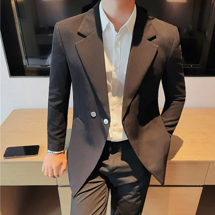 

4-A58 British style peaked lapel double slit white suit men's drape single suit jacome business commuting small suit top