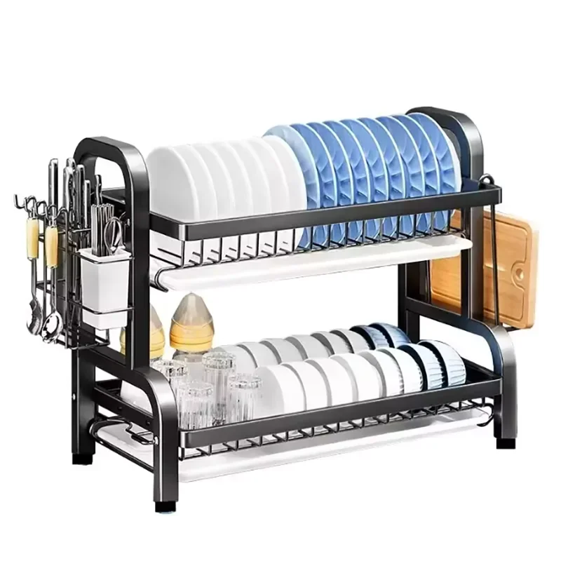 2024 New Dish Drying Rack 2-Tier Compact Kitchen Dish Rack Drainboard Set Large Rust-Proof Dish Drainer with Utensil Holder