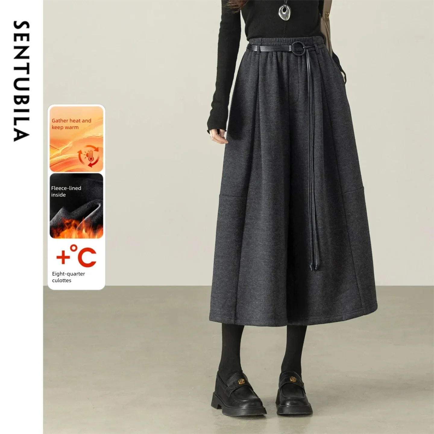 SENTUBILA falda pantalones para mujer 2025 nuevo cinturón desmontable forro polar grueso pantalones Capri Oficina señora ropa de invierno 154KF6531