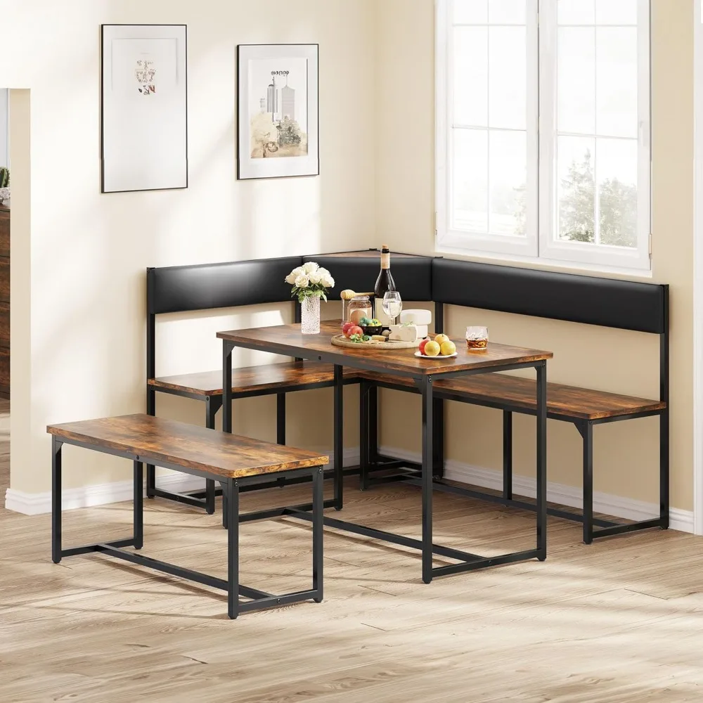 

3-piece dining table set for 4-6 people 47.2" corner dining room table with left seat corner bench and 43.3" bench brown