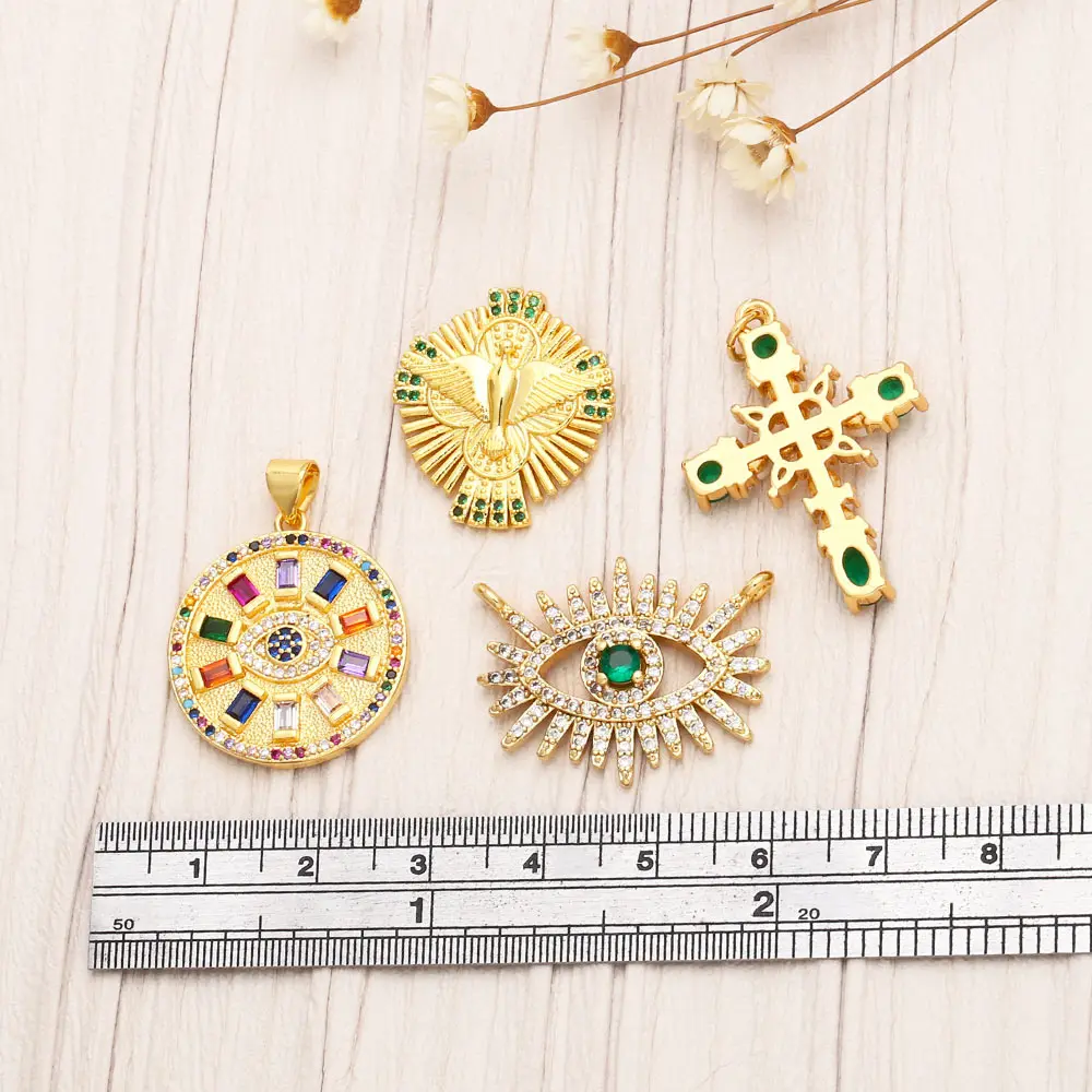 Clearance Multicolor CZ Turkish Eye Medal Necklace Pendant Copper Gold Plated Beads Cross Eagle Jewelry Making Supplies pdta942