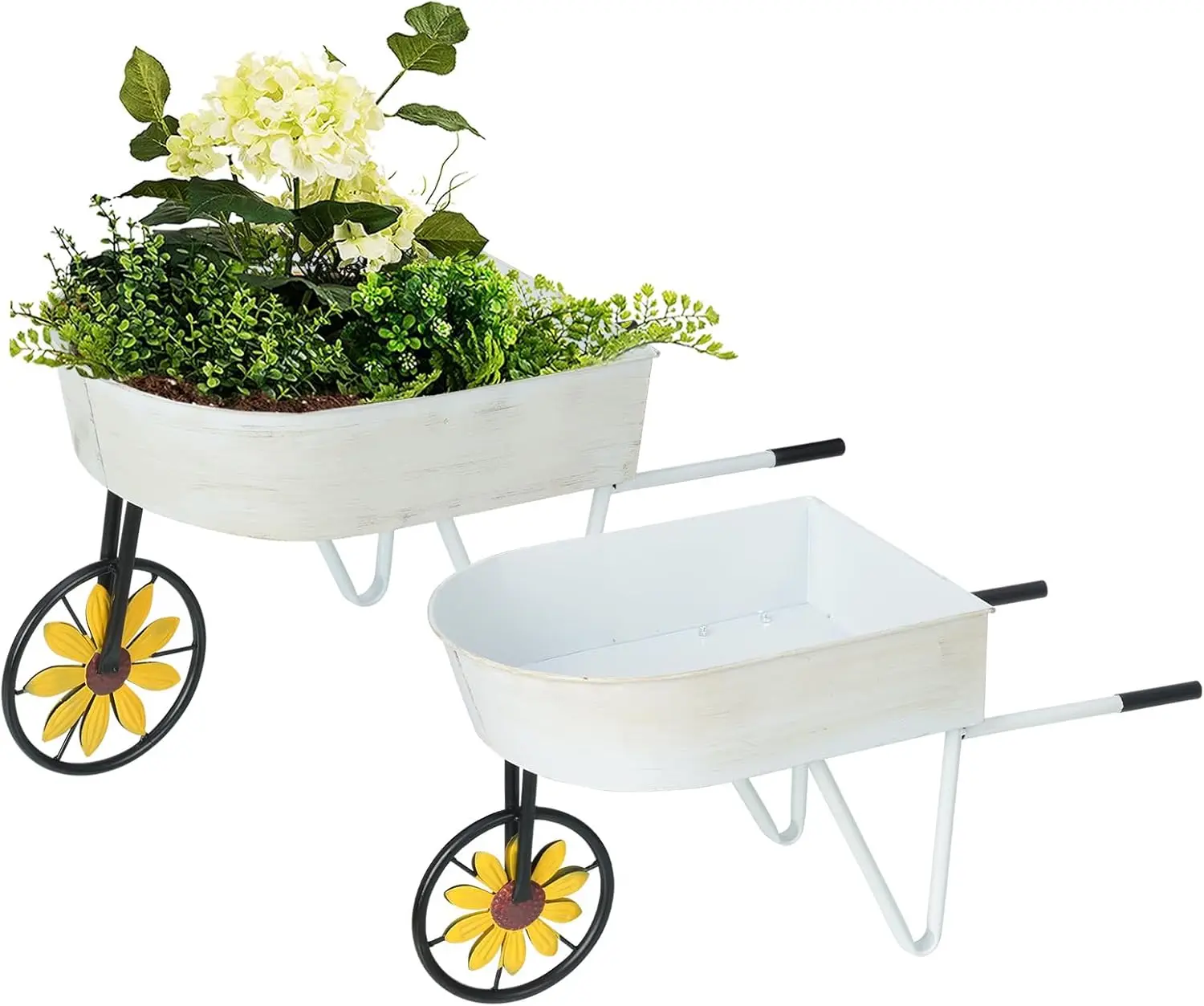 

Metal Wheelbarrow Flower Cart Planter, 2 Packs Plant Stands with Triangular Support Handles Non-Rolling Wheel Vintage Wagon