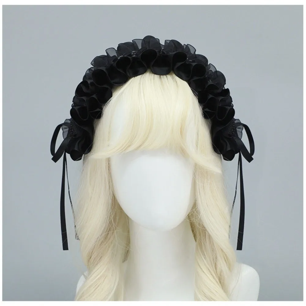 Sweet Gothic Lolita Headband Lace Ruffled Love Heart Cosplay Headdress with Hairpins Ribbon Head Wrap Hair Accessories