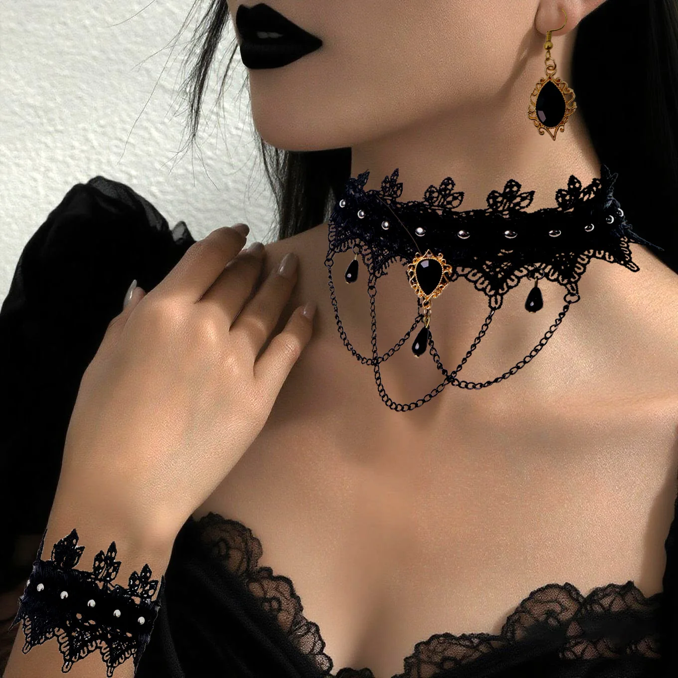 Gothique dentelle perles gland collier accessoires robe ensemble mode rétro dentelle femmes
