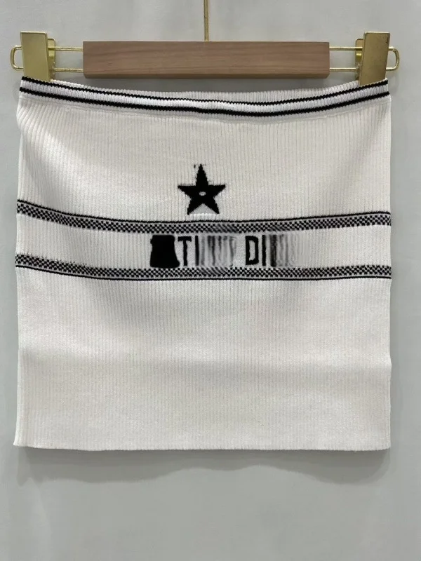 Star Letter Ice Silk Knitted Crop Top Women Slim Fit Short Sleeveless Vest High End Feeling Korean Style Commute Stripe Pattern