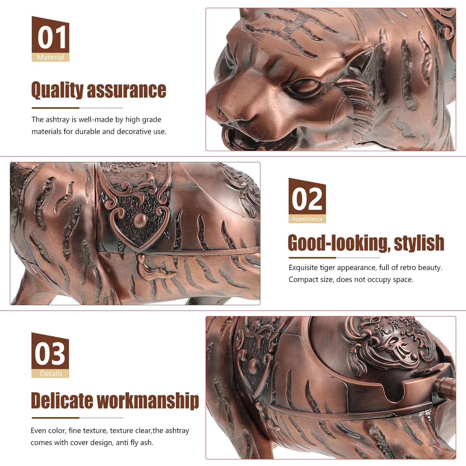 

Tiger Ashtray Decorations Holder Indoor Red Zinc Alloy Animal Shaped Container with Lid