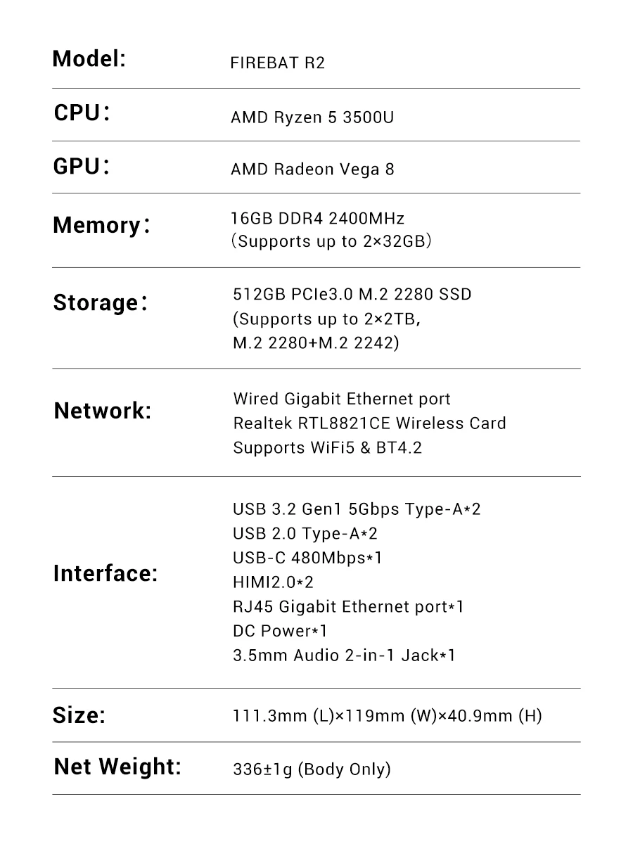 Mini PC FIREBAT R2, AMD Ryzen5 3500U, DDR4 16GB RAM, M.2 PCIe 512GB SSD, WiFi5, BT4.2, 1000M Lan, Computadora de Escritorio Portátil con Windows 11