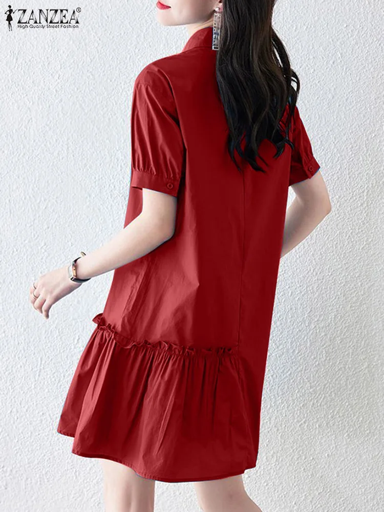 ZANZEA Women Ruffled Hem Shirt Dress Short Puff Sleeve Summer Elegant Solid Mini Dress Casual Fashion Lapel Neck Work Sundress