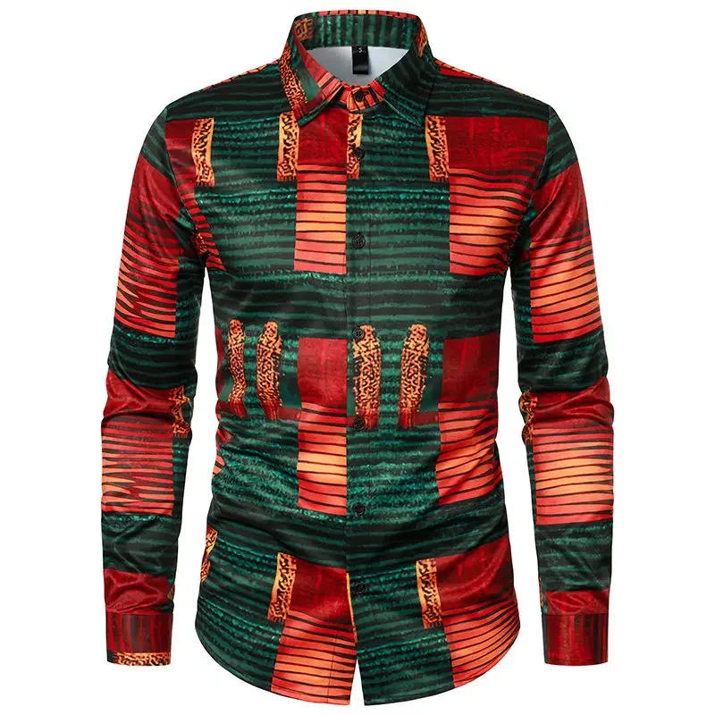 

Men's African Tribal Pattern Printed Shirt, Fashionable Slim Fit Top, Men's Casual Solid Color Versatile Street Clothing