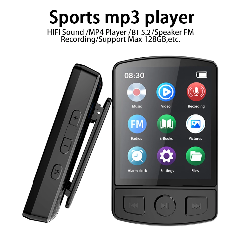 Портативный MP3-плеер Bluetooth 5,2 Музыкальный стереодинамик Мини MP4 Воспроизведение видео со светодиодным экраном Запись FM-радио для Walkman