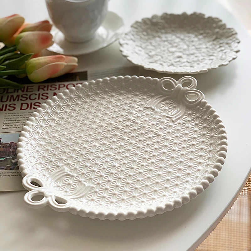 

Bow Knot Pearl Relief Ceramic Breakfast Plate Vintage Western Food Plate