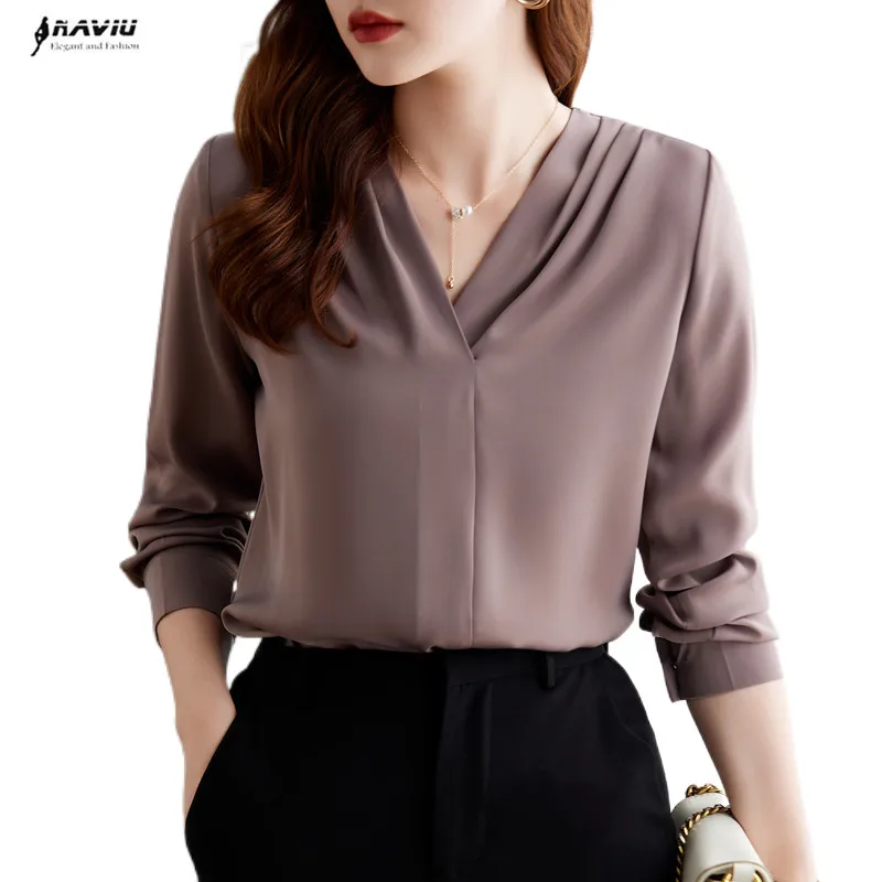 Gray V Neck Shirt Women Formal Autumn New Temperament High End OL Chiffon Long Sleeve Blouses Office Ladies Work Tops White