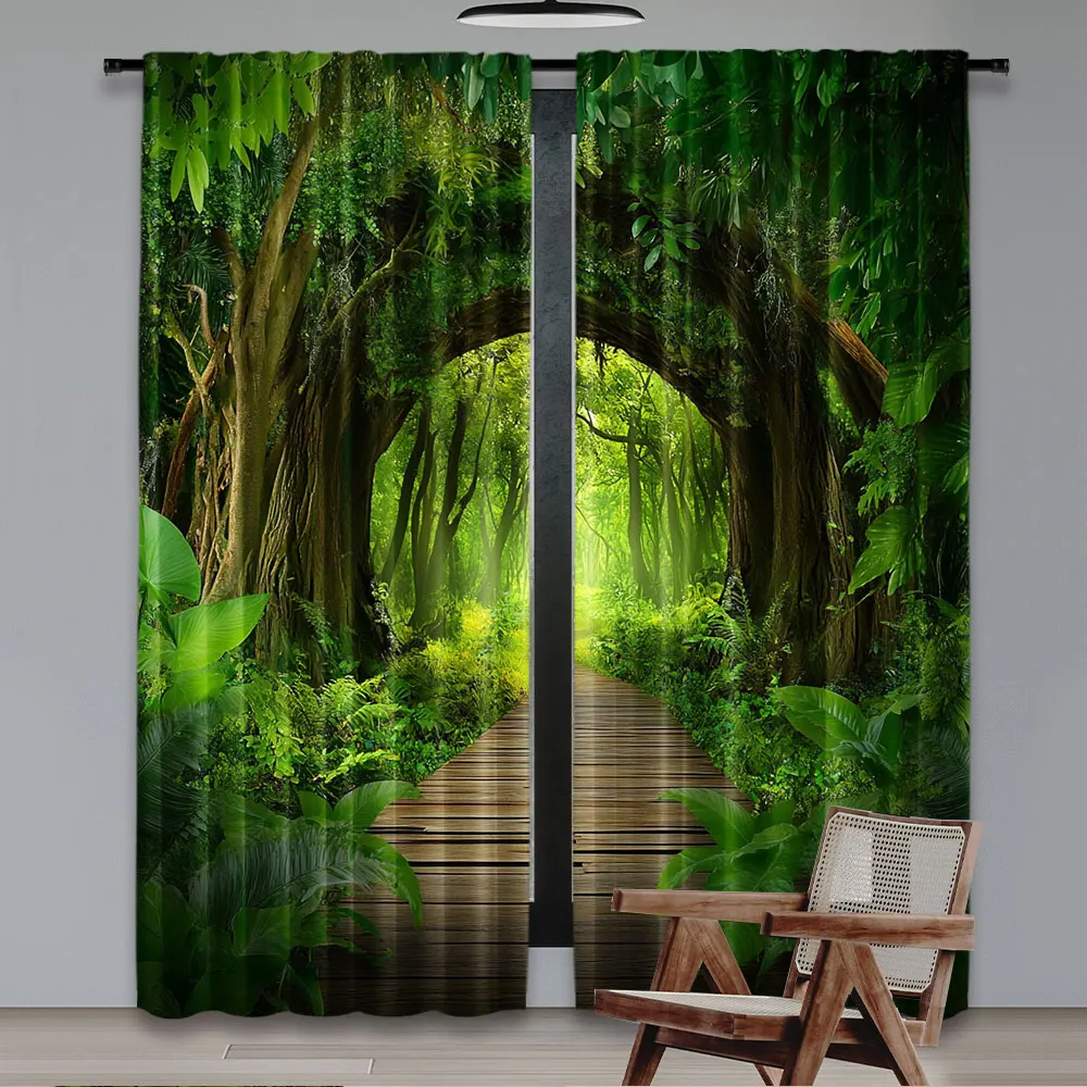 2Pcs Spring Forest Curtain Enchanted Forest Backdrop Spring Natural Picnic Camping Adventure For Living Room Bedroom A