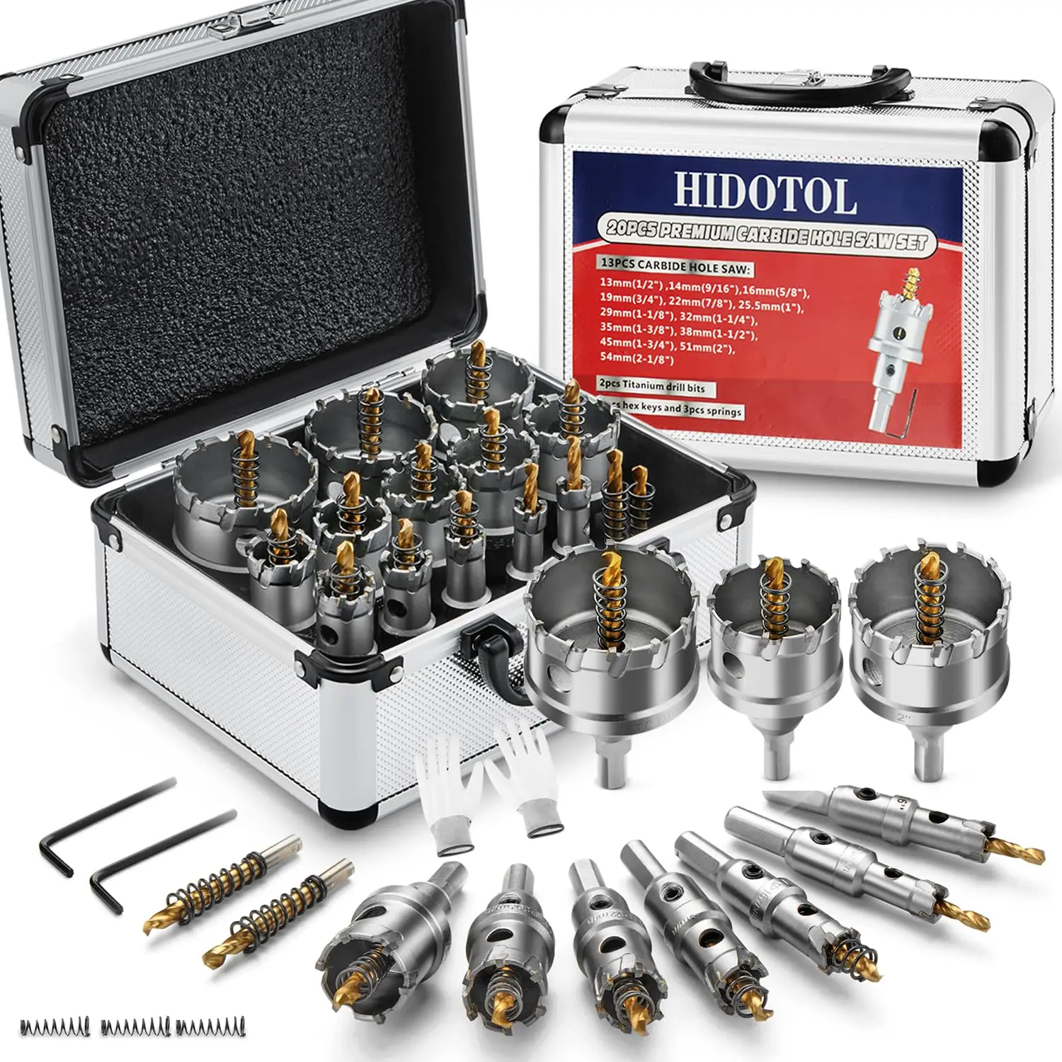

20PC TCT Carbide Hole Saw Kit 1/2" - 2-1/8" for Hard Metal Stainless Steel, Iron, Aluminum with Case