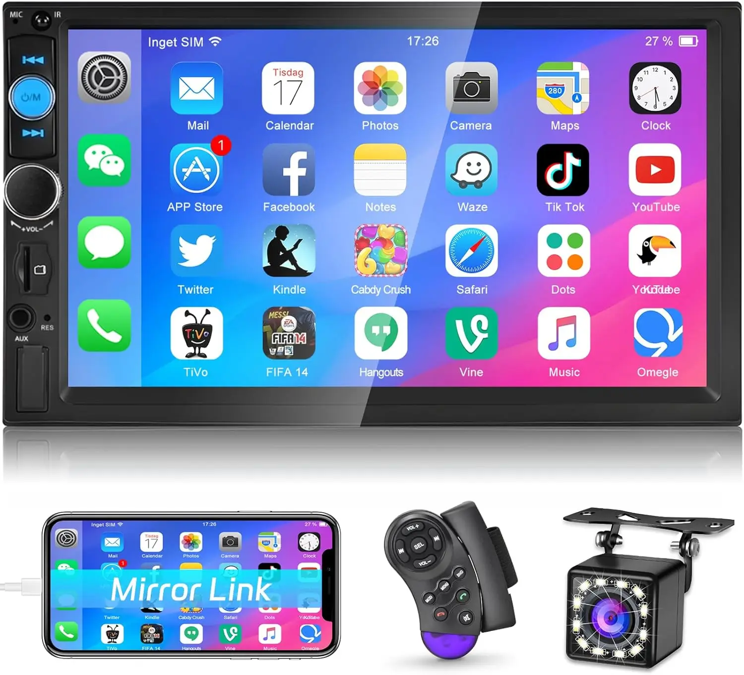 

7' Touch Screen Car Stereo with Bluetooth, MirrorLink, FM, Backup Camera