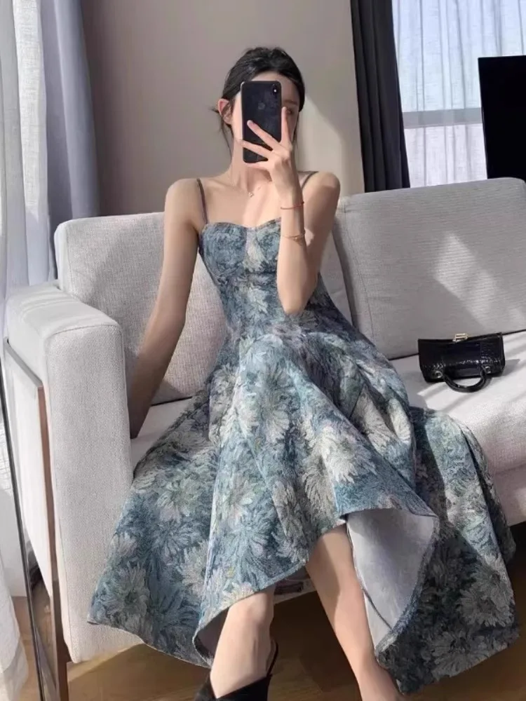 

Retro Oil Painting Style Floral Print Strap Dress Women's Summer High-End Sensation Open Cardigan Set Waist-Cinching Vacation...