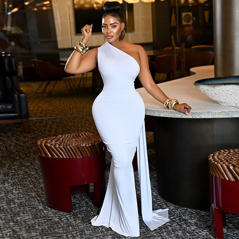 Sexy One-Shoulder-Partykleider mit Skew-Ausschnitt für Damen, Abend, Geburtstag, Nachtclub, rückenfrei, aushöhlen, gerüschte Bänder, Abschlussball-Maxikleid