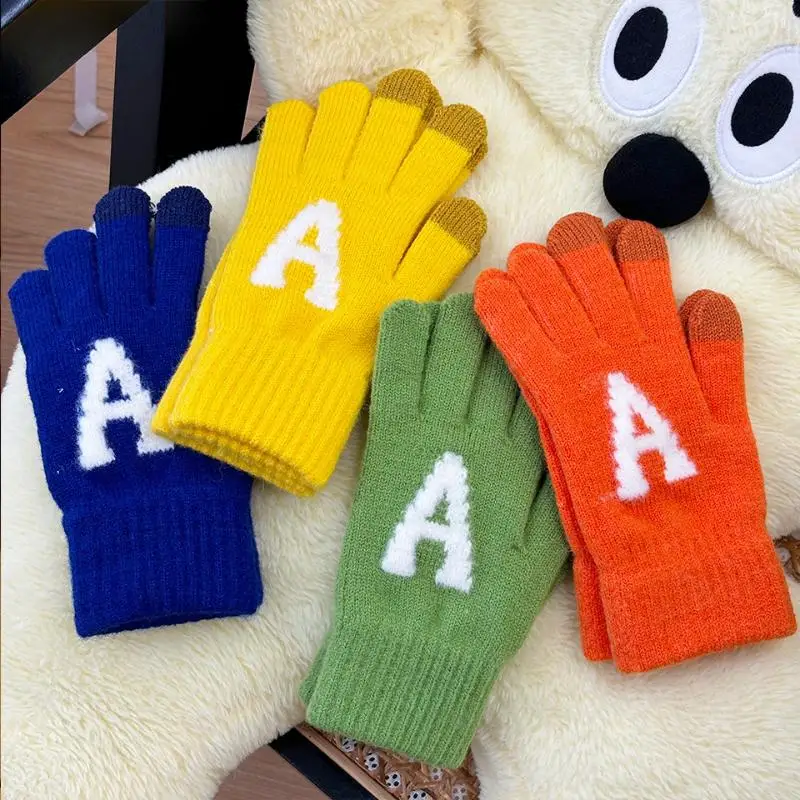 Cold Resistant Knitted Touchscreen Winter Gloves Cute Letter A Design for Outdoor Commute Running