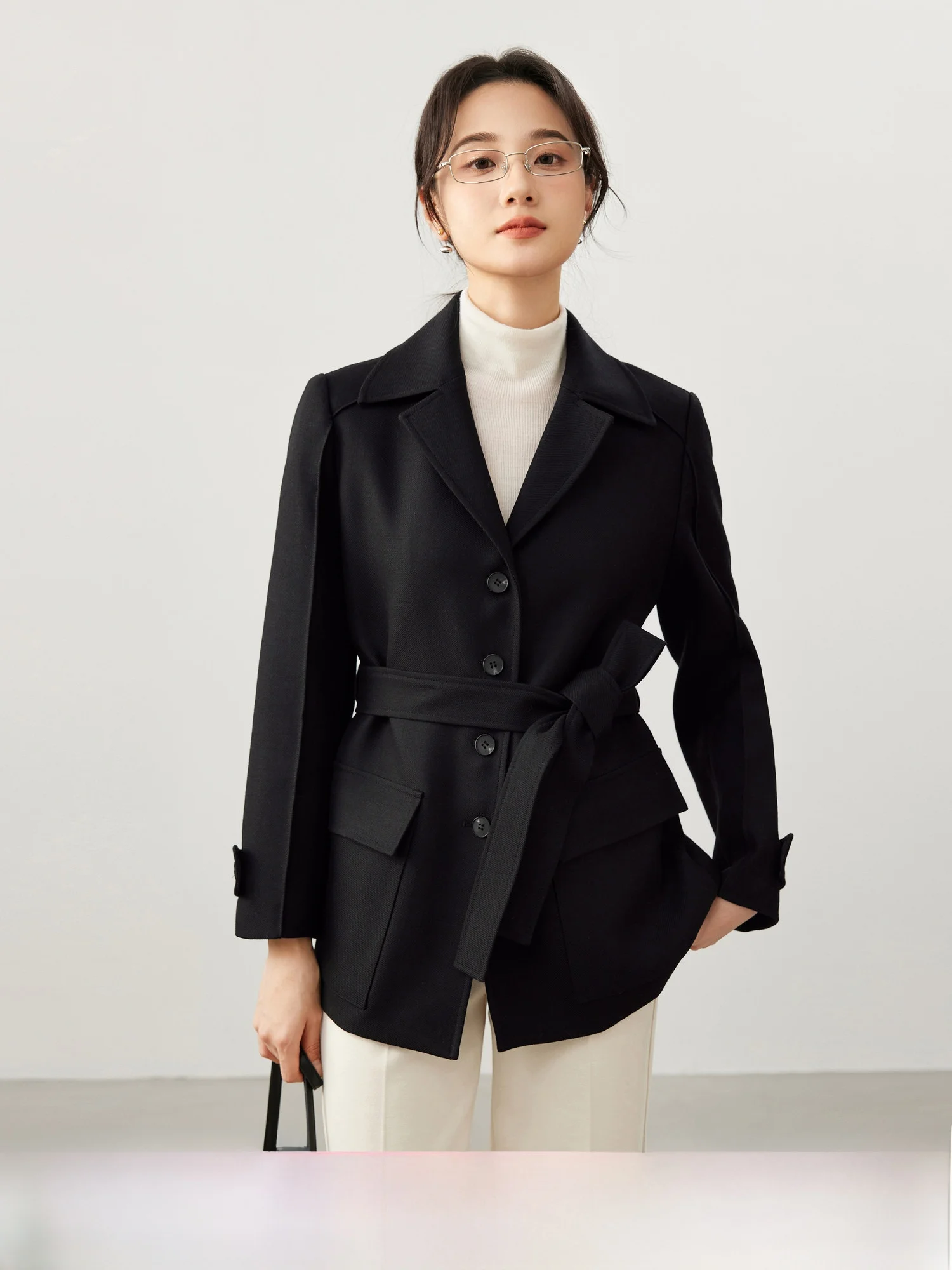 

Slimming Effect Wool Blend Suit Jaet with Belt Double Color Striped Commute Sle Single Button Long Sve Coat for Women