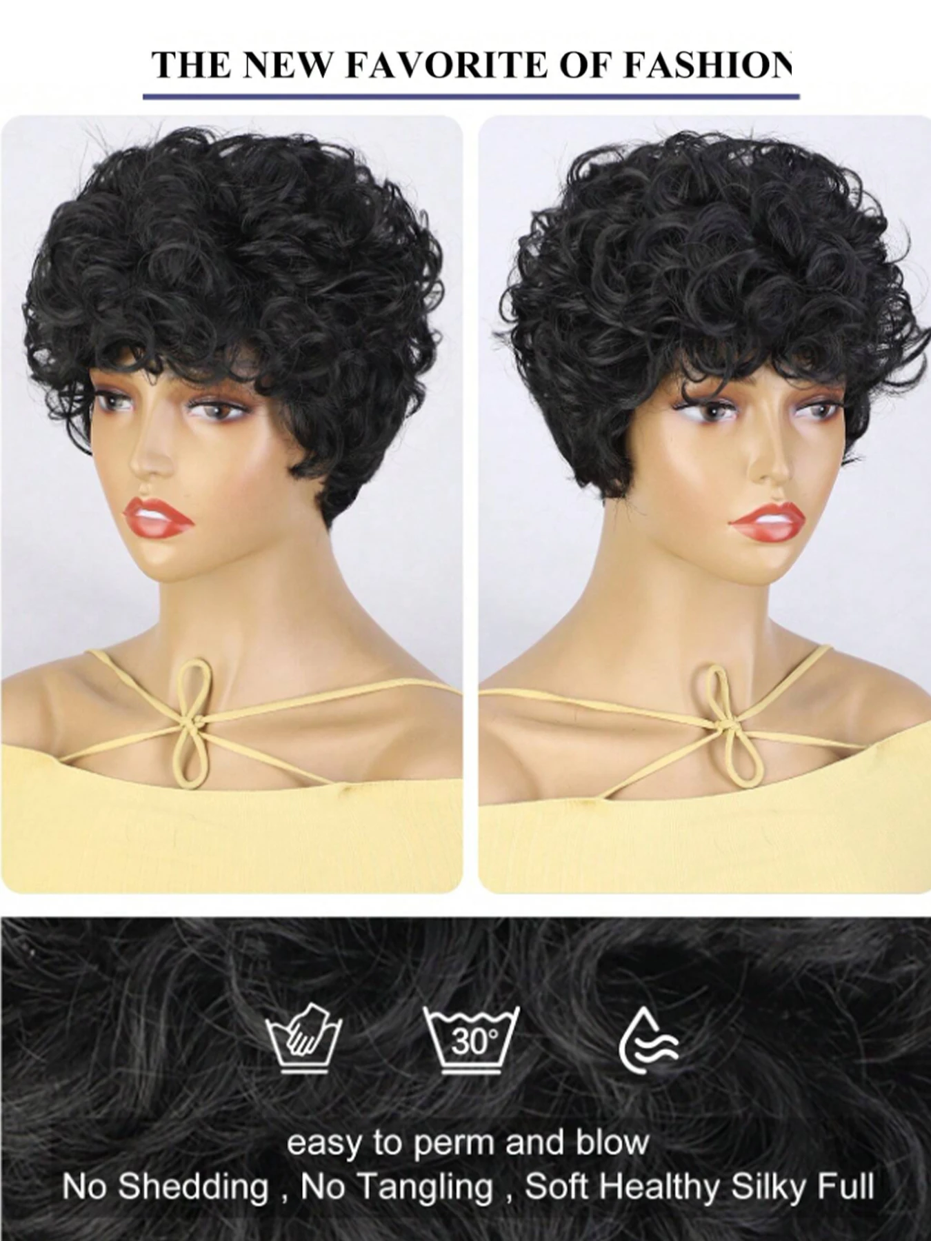 Cut Short Curly Wigs for Women, Synthetic Full Wigs with Bangs, Glueless Daily Wear And Go, Black Color, Heat Resistant, Beginne image 4