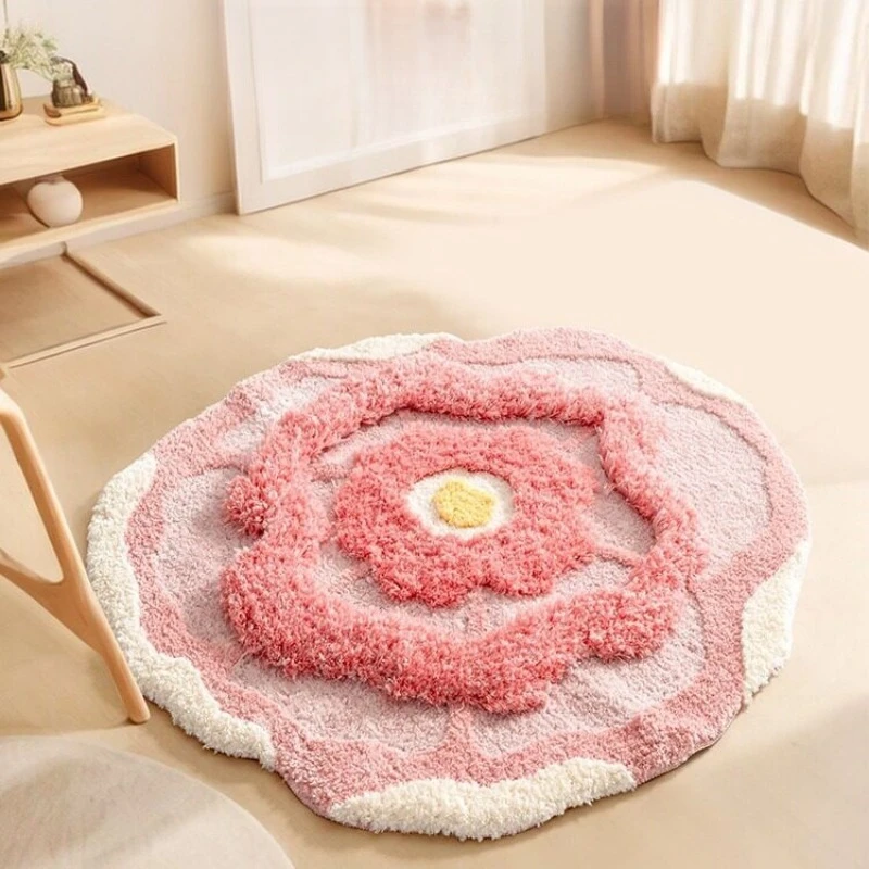 Pink flower special-shaped carpet, high-end atmosphere, thickened living room floor mat, creative flocking bedside blanket