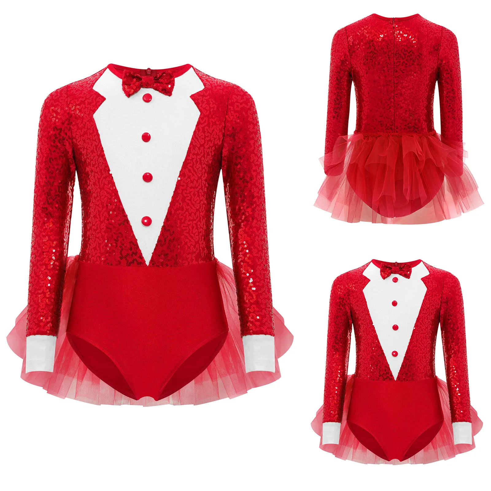 Girls Jazz Dance Bodysuit Sparkly Sequins Long Sleeve Round Neck Skirted Leotard Latin Jazz Leotard for Figure Skating Show