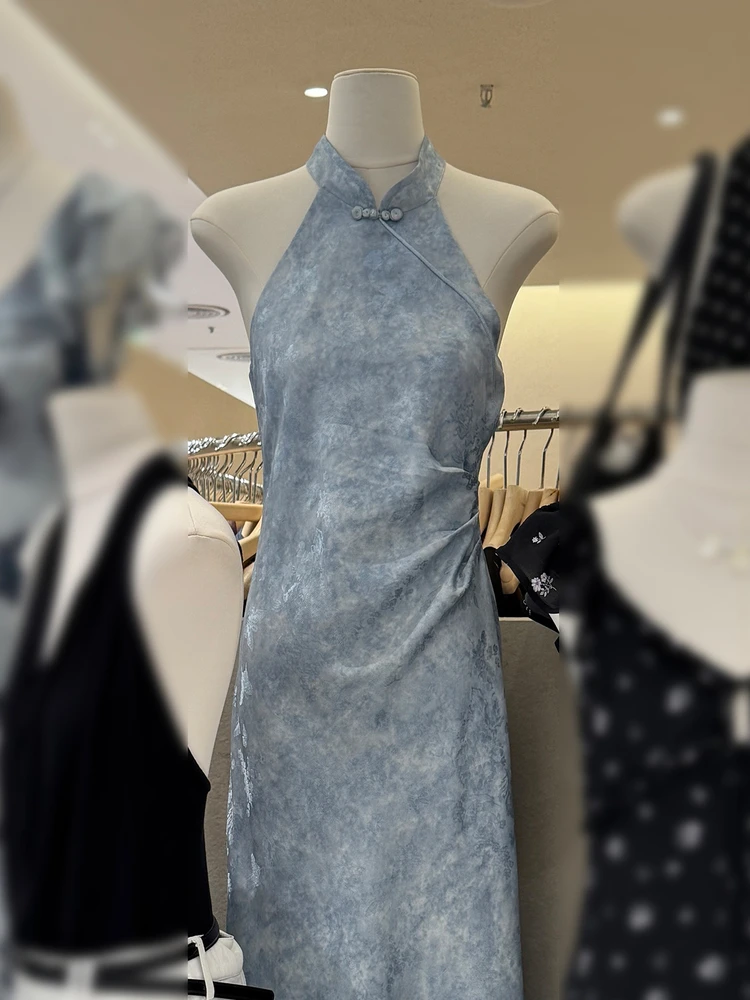 Nuova estate 2025 Gilet lungo blu slim fit da donna Colletto Dr Stand up Button Vita alta Fibra di poliestere Svel Abbigliamento da viaggio