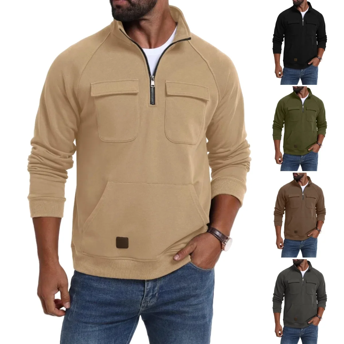 

2025 Autumn/Winter Men's Street Casual Jacket Retro Half-Zip Multi-Pocket Loose Fashion Workwear Hooded Sweatshirt