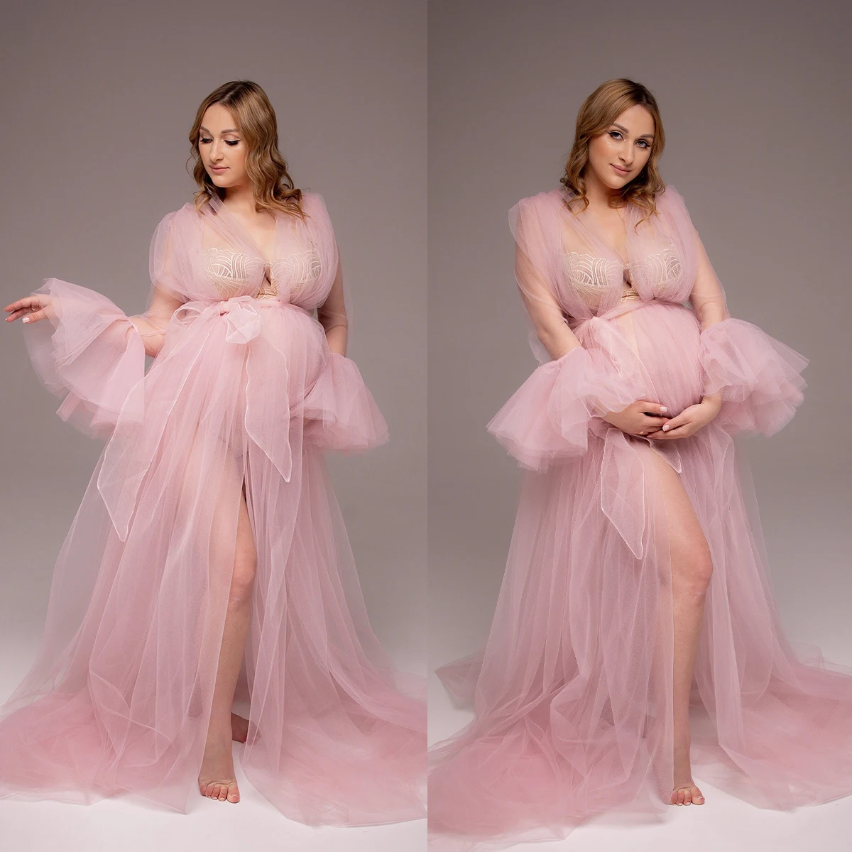 

Elegant Dust Pink Prom Dresses for Photo Shoot or Baby Shower Custom Made Long Sleeves Sweep Train Photo Robe Photoshoot Gown