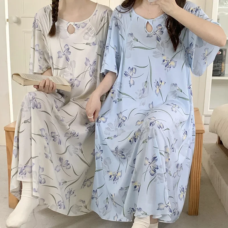 Plus Size Floral Print Woman Satin Nightgowns Nightdress Dresses Robe Lounge Lady Women Pijama Sleepwear Pajama Pj