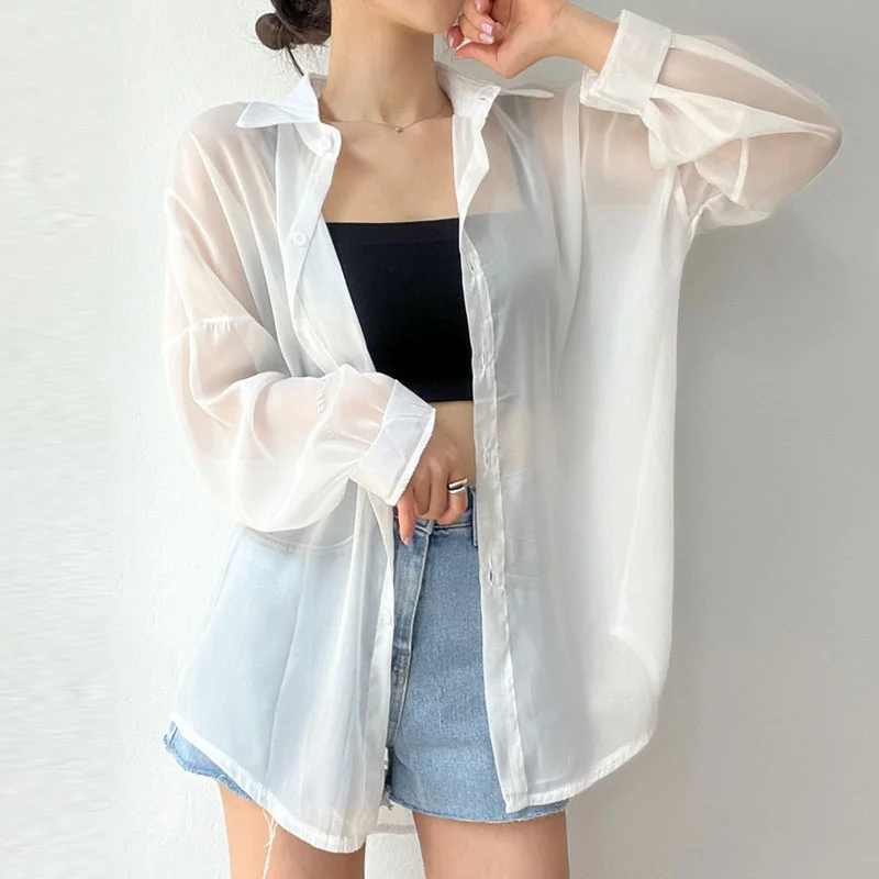 Chique verão casual doce cor lapela único botão solto manga longa proteção solar antung blusa topo moda fena