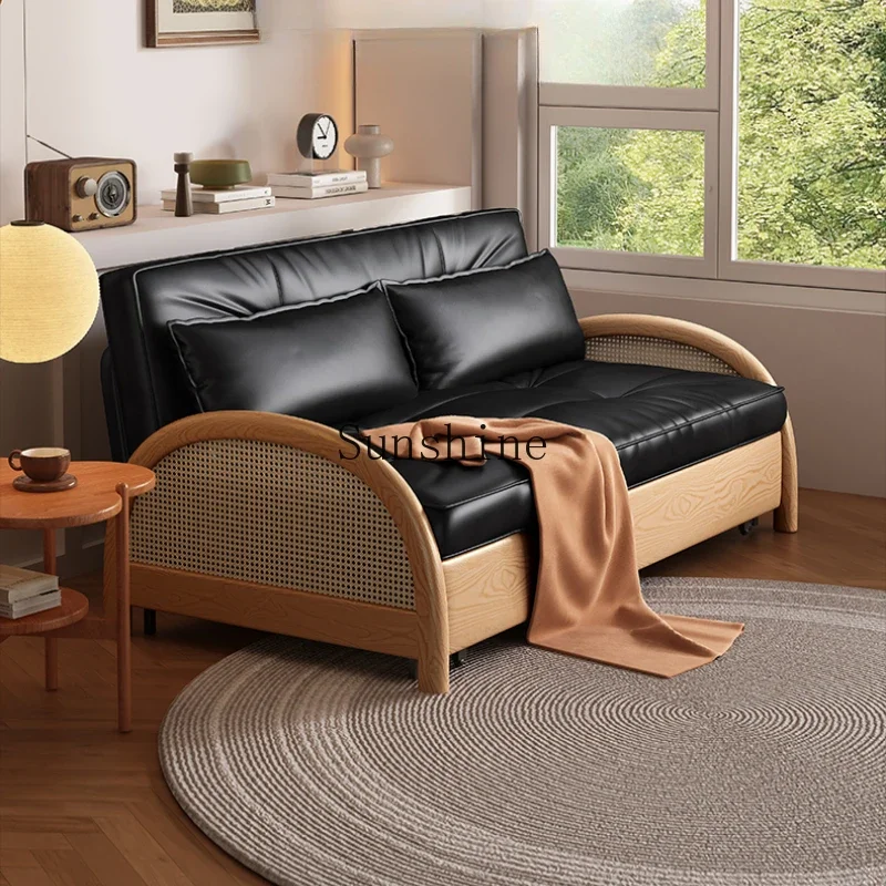 Leather folding sofa bed living room multi-functional storage solid wood sofa