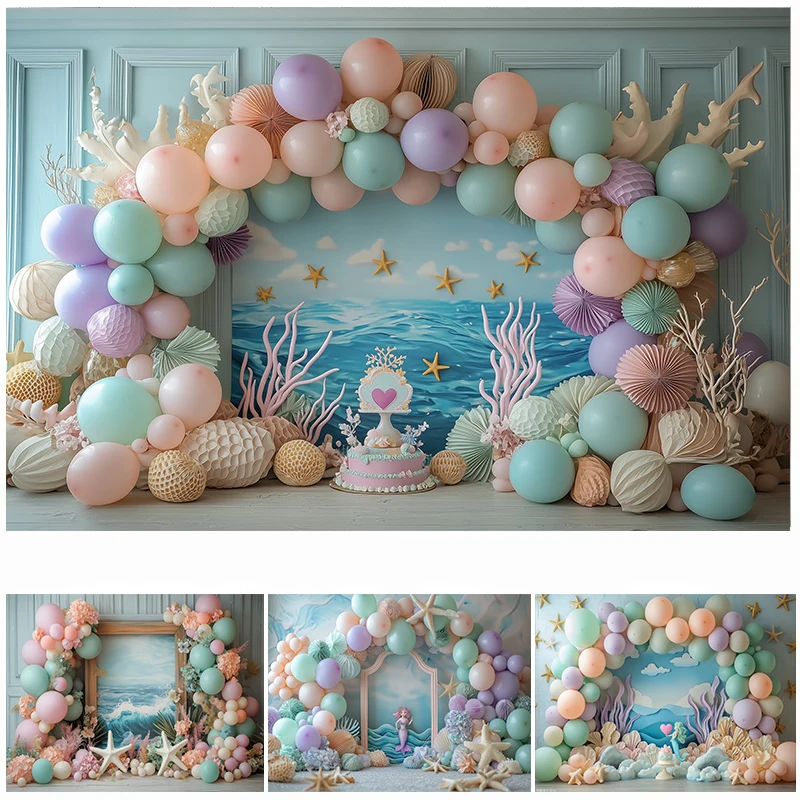 

LS Photography Background Mermaid Arch Balloons Shells Girl Birthday Party Cake Smash Portrait Decor Backdrop Photo Studio