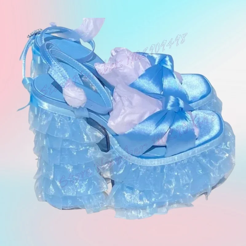 

Blue Mesh Ruffle Platform Sandals Satin Chunky High Heels Shoes for Women Ankle Strap Round Toe Shoes 2024 Zapatos Para Mujere