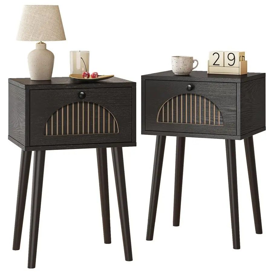 

Nightstands Set of 2 with Fluted Door, Small End Table with Solid Wood Feet for Bedroom Small Space, Modern MidCentury Bedside