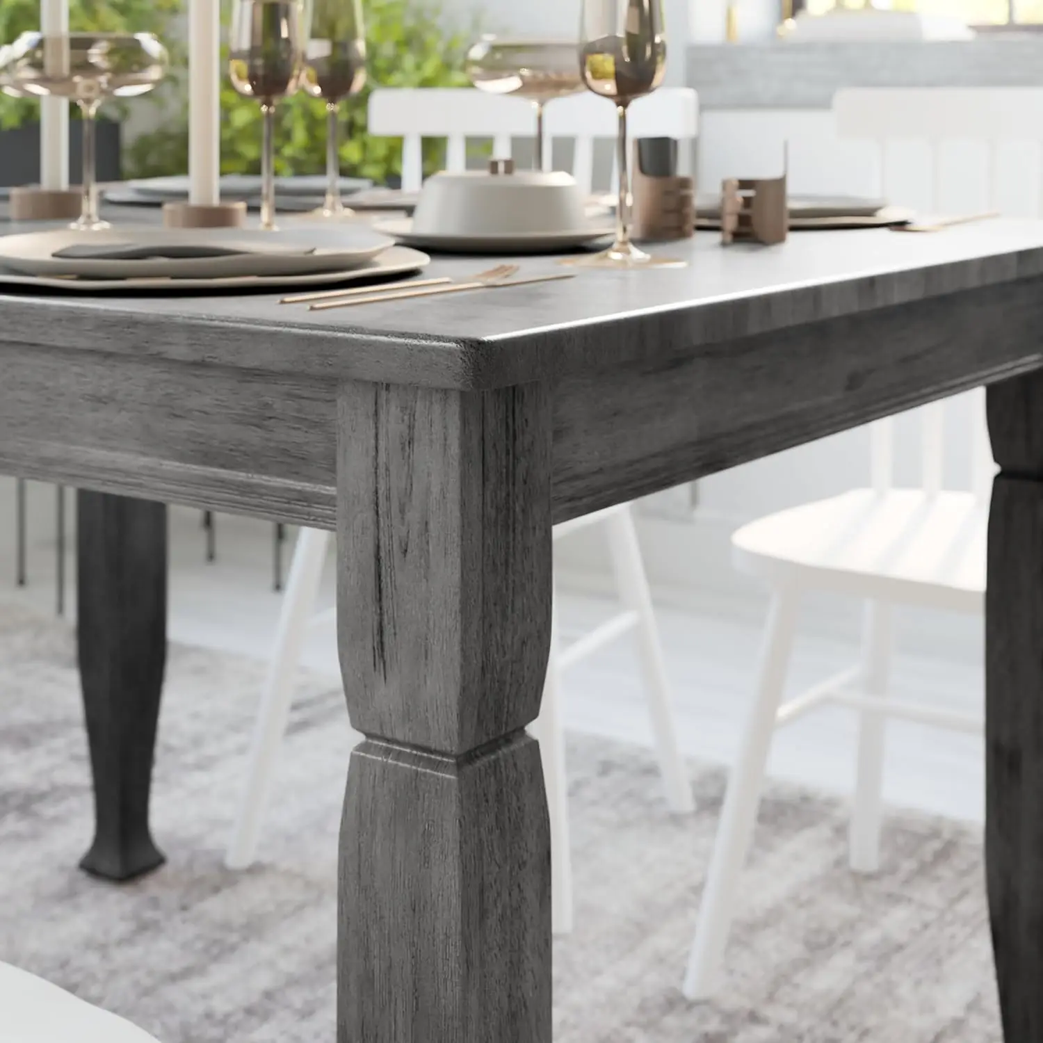 طاولة طعام من الخشب الصلب ميلفورد 47 بوصة EMMA + OLIVER، مريلة بألواح أوفست مقاس 3 بوصات، أرجل ملفوفة، لمسة نهائية مقاومة للماء، متينة لـ Eve