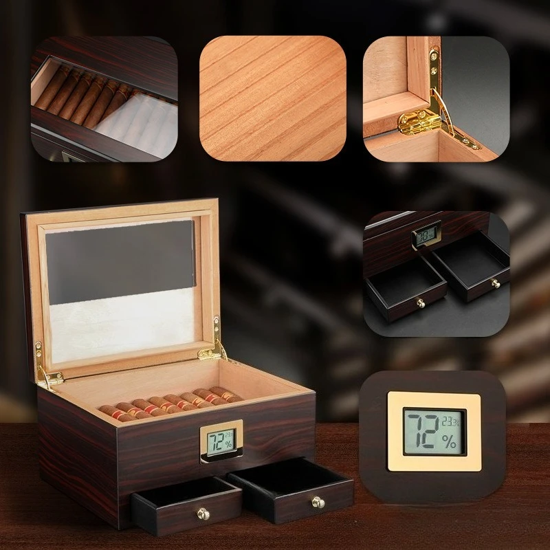 Cigar Box Cedar Wooden Cigar Moisturizer Box Large Capacity 30 Pack Storage Sealed Moisture-proof Visual Cigar Humidor