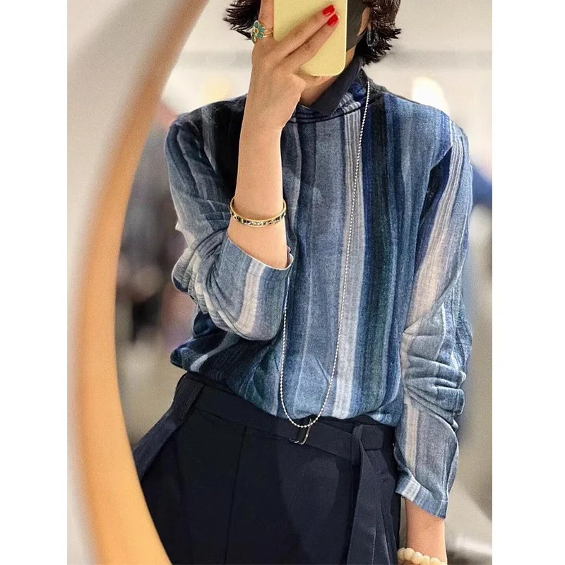 Women's Gradient Vertical Striped Long Sleeve Shirt, Casual Loose Breathable Linen Blouse, Elegant Office Work Wear Top
