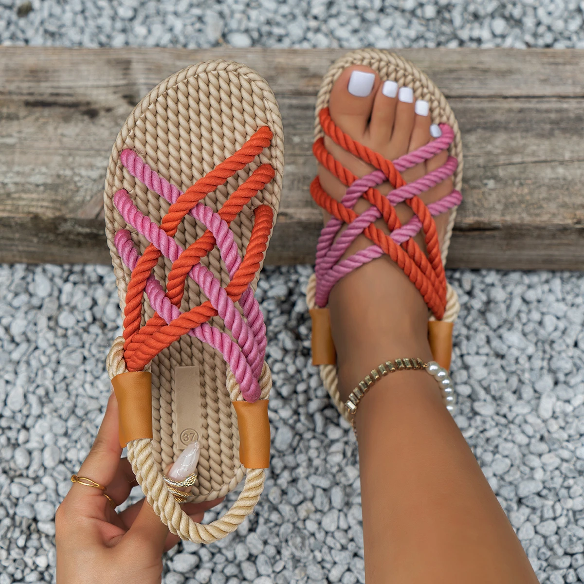 Rainbow Color Rope Sandals Woman Retro Weaved Fashion Sandals Ladies Sea Blue Beach Slippers Handmade Bohemian Straw Shoes