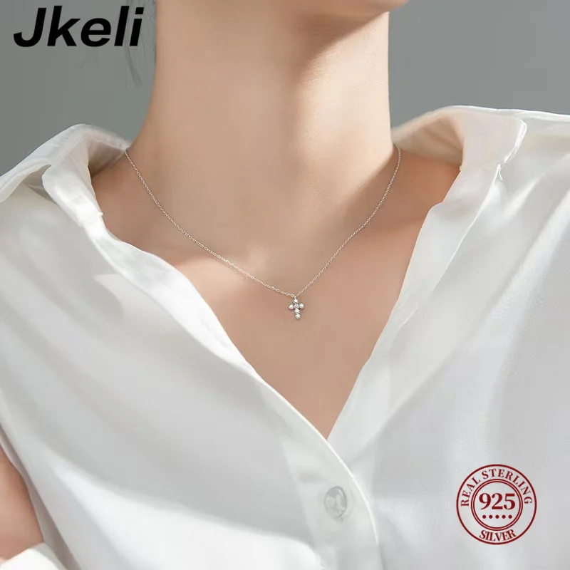 Jkeli S925 srebro 18K pozłacane Flash diamentowy naszyjnik z krzyżem damski łańcuszek do obojczyka eleganckie akcesoria jubilerskie