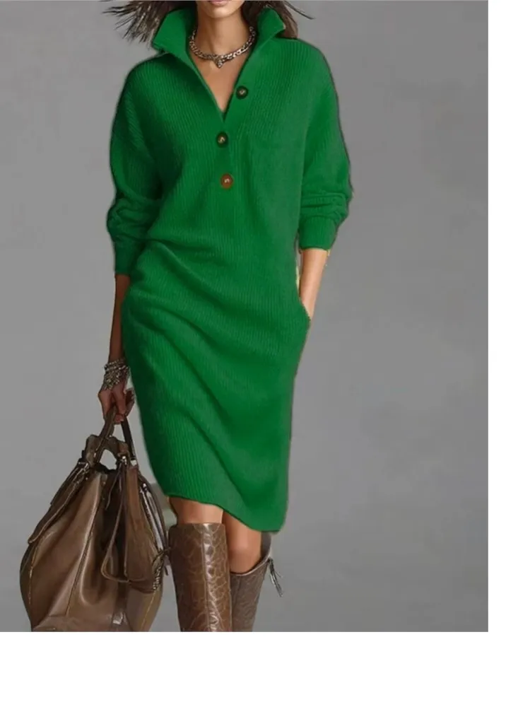 Herfst Mode Gebreide Knop Revers Vrouwen Jurk Casual Losse Zak Luie Rechte Over De Knie Lange Mouw Trui Vrouwelijke Jurk