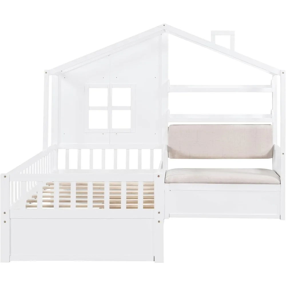 Kids Twin House Bed Frame with Upholstered Sofa and 2 Drawers, Wood Montessori Bed with Storage Shelves and Tall Rails