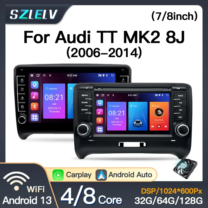 안드로이드 13 Carplay 비디오 플레이어 Autoradio For Audi TT MK2 8J 터치 스크린 멀티미디어 자동차 라디오 자동 재생 오디오 블루투스 2 Din